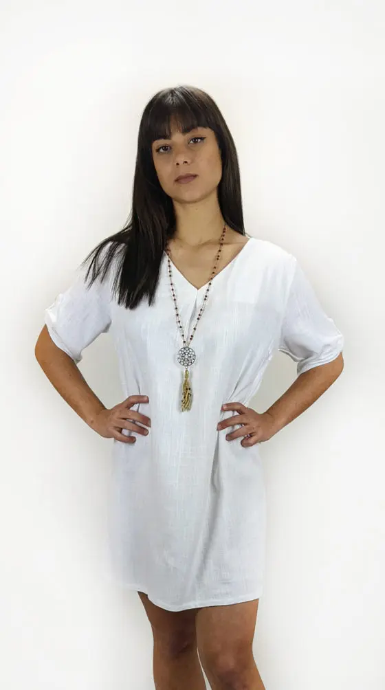 Mixed linen blouse dress with oblique cuff back for all-day comfort