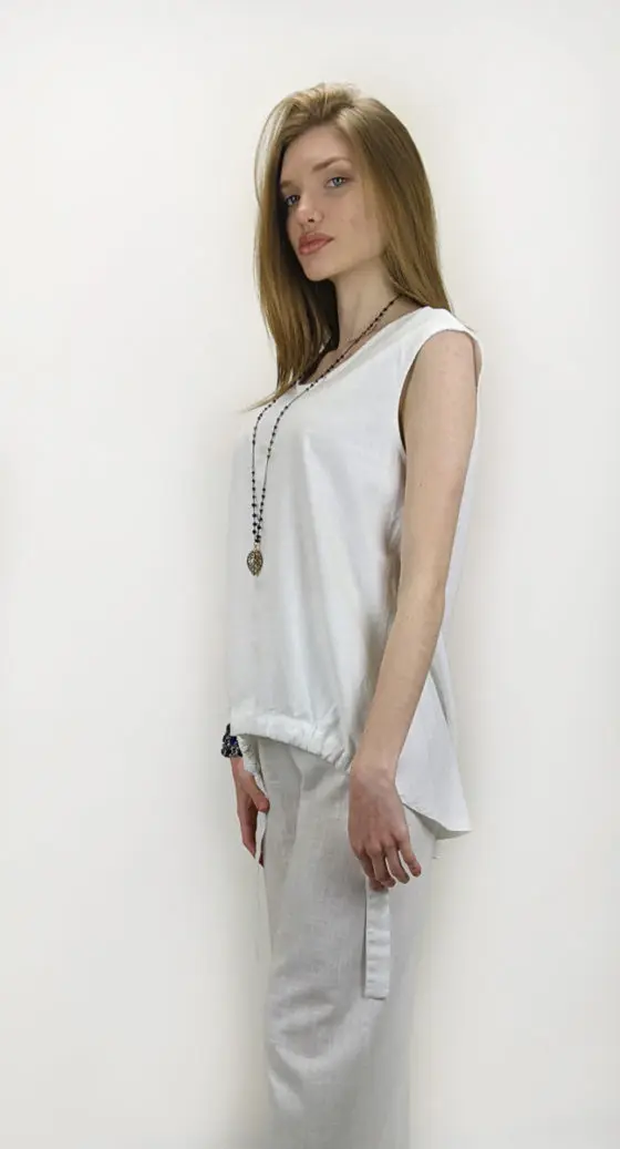 Mixed linen Sleeveless Women Blouse made in Greece with string and front ruffle