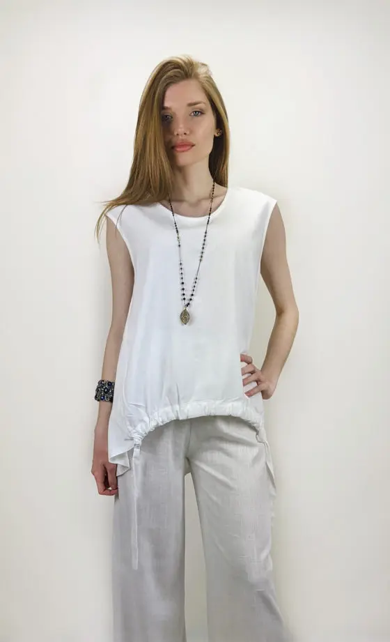 Mixed linen Sleeveless Women Blouse made in Greece with string and front ruffle