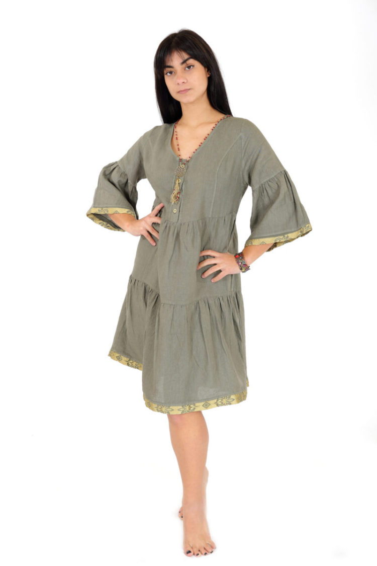 Mixed linen, ruffled ringdove and chest hidden button dress